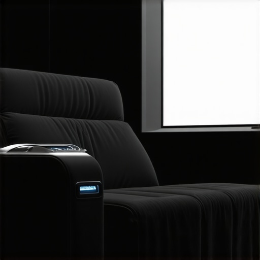 A luxurious, futuristic home theater seat equipped with biometric sensors, control displays, and adaptive comfort technology.