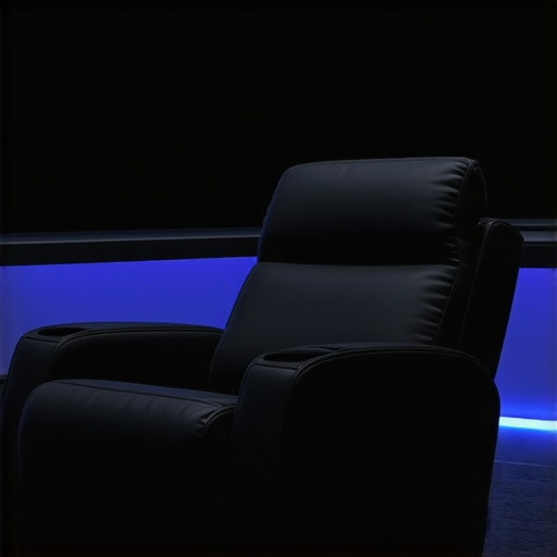 A sleek home theater recliner featuring touch controls, ambient lighting, and eco-friendly design elements.