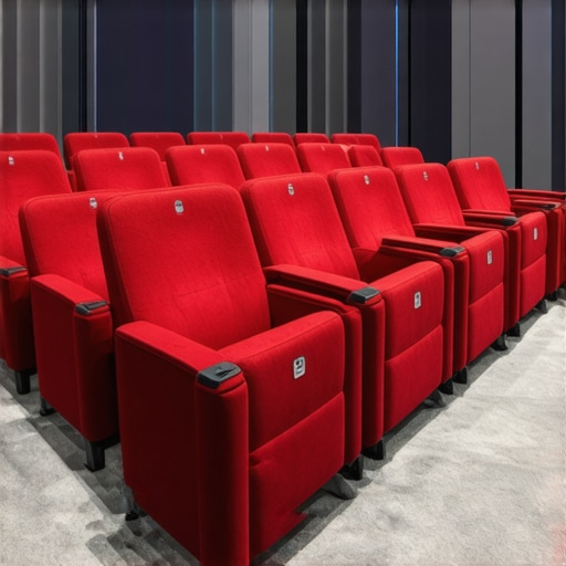 Augmented reality interface displaying customizable modular home theater seats in a living room setting.