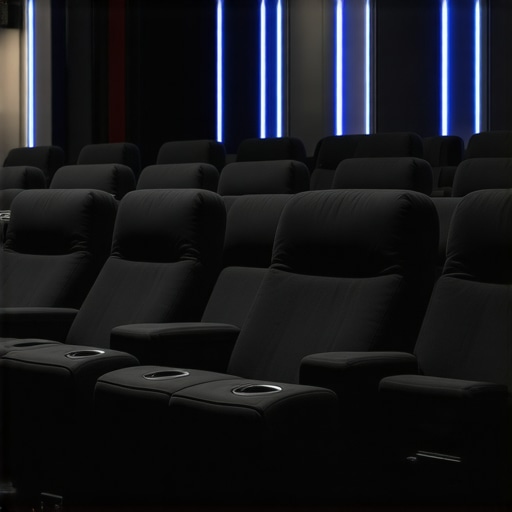 Detailed view of luxury home theater seats featuring embedded climate control systems and acoustic noise reduction materials.