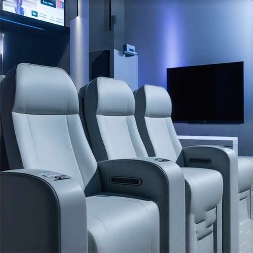 Futuristic modular theater chairs equipped with biometric sensors and adaptive features