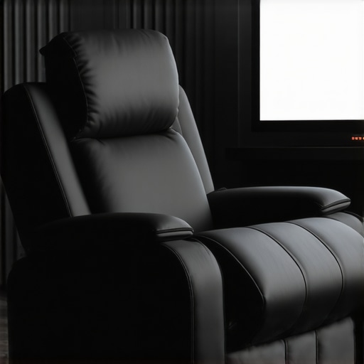 A modern, technologically advanced home theater recliner equipped with biometric sensors and adaptive support in a sleek media room environment.