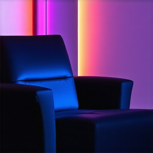 A modern home theater chair featuring embedded sensors and nano-fabric upholstery with ambient lighting