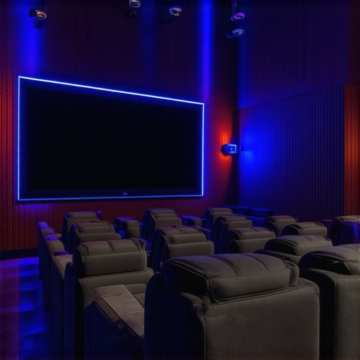 High-tech modern home theater room featuring ergonomic seats with integrated controls and ambient lighting.