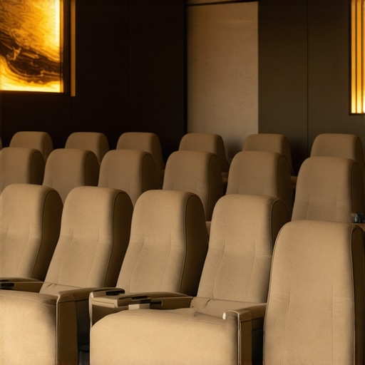A sleek home theater chair with built-in smart controls, ambient lighting, and contoured ergonomic design.