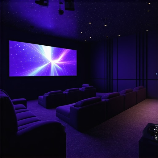 A modern home theater featuring modular recliner seats, smart textiles, and immersive holographic displays