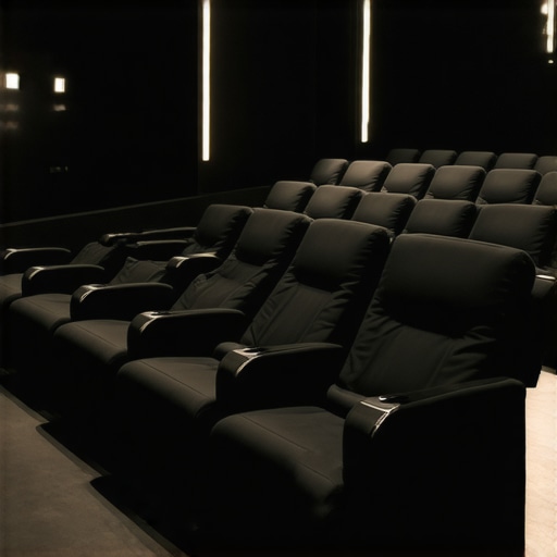 A modern home theater with adaptive modular recliner seats arranged to fit an irregular room shape, featuring integrated technological controls