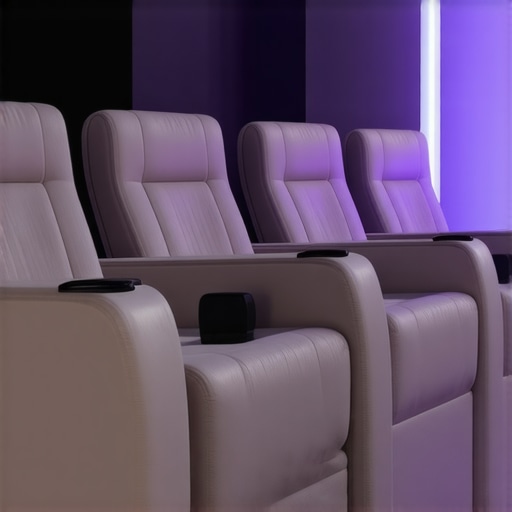 Modern home theater seats with integrated biometric sensors and customizable ergonomic support indicating advanced technology and comfort