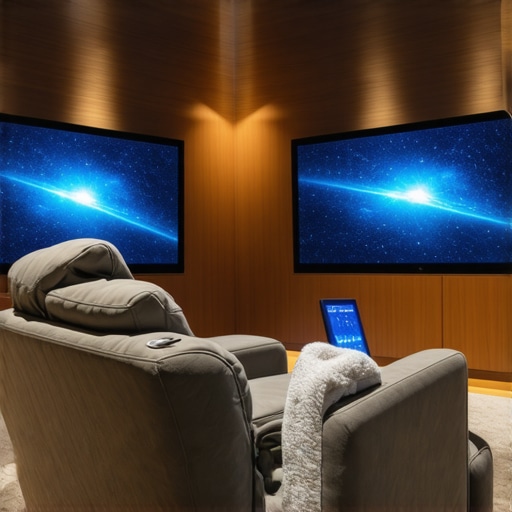 A futuristic home theater recliner featuring embedded technology and advanced materials in a sleek media room.