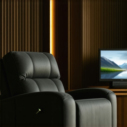 A modern home theater recliner featuring wireless charging, ambient lighting, and advanced ergonomic support in a sophisticated living room.