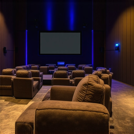 A luxurious home theater setup with high-tech, ergonomic recliner seats equipped with embedded controls and ambient lighting.