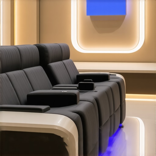 Modern home theater chairs featuring built-in speakers, ambient lighting, and ergonomic supports