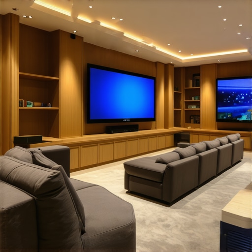 Futuristic media room featuring sleek modular recliners with embedded smart controls and innovative layout