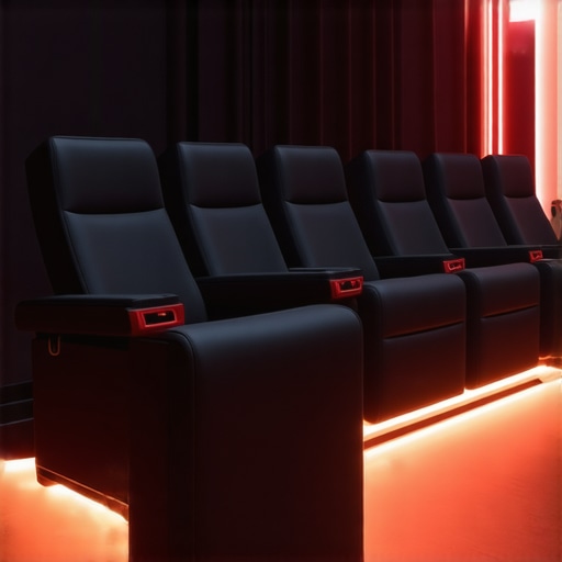 Futuristic home theater seat made with carbon fiber and nano-fabrics, showing sleek profile and modular features