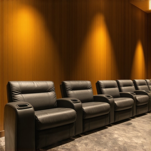 Modern compact home theater with modular recliners and smart features.