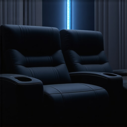 A high-tech home theater seat equipped with biometric sensors and adaptive features